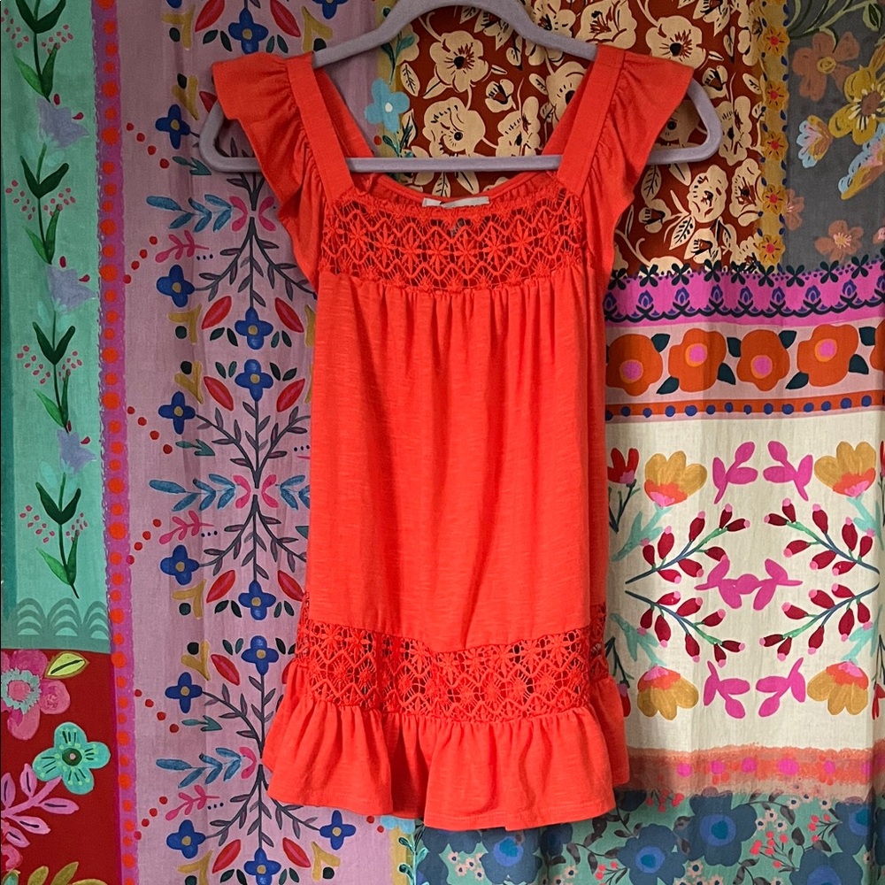 NWT ABSOLUTELY FAMOUS Polyester Orange Boho Flutter Sleeve/Crochet Blouse Size S - Picture 2 of 8
